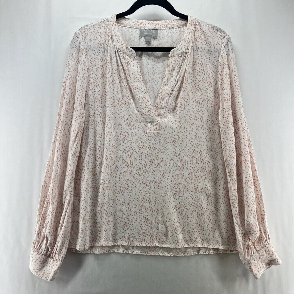 Pure Collection Blouse Size 8/10 Printed Popover Long Sleeve Viscose Beige